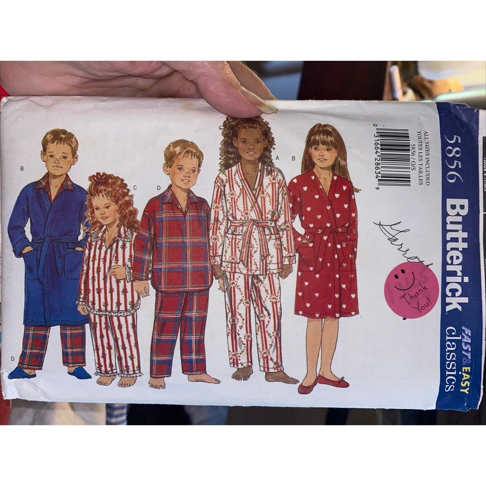 Butterick 5856 Kids Pajamas Robe Sewing Pattern Size S M L XL 4-14 Vintage 1998
